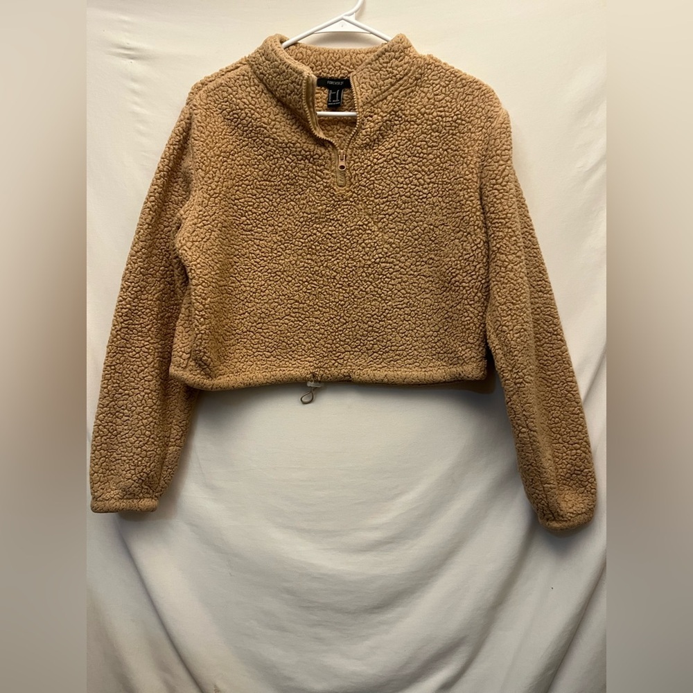 Forever 21 Tan Cropped Long Sleeve Sherpa Pullover Relaxed Fit Sweatshirt Med
